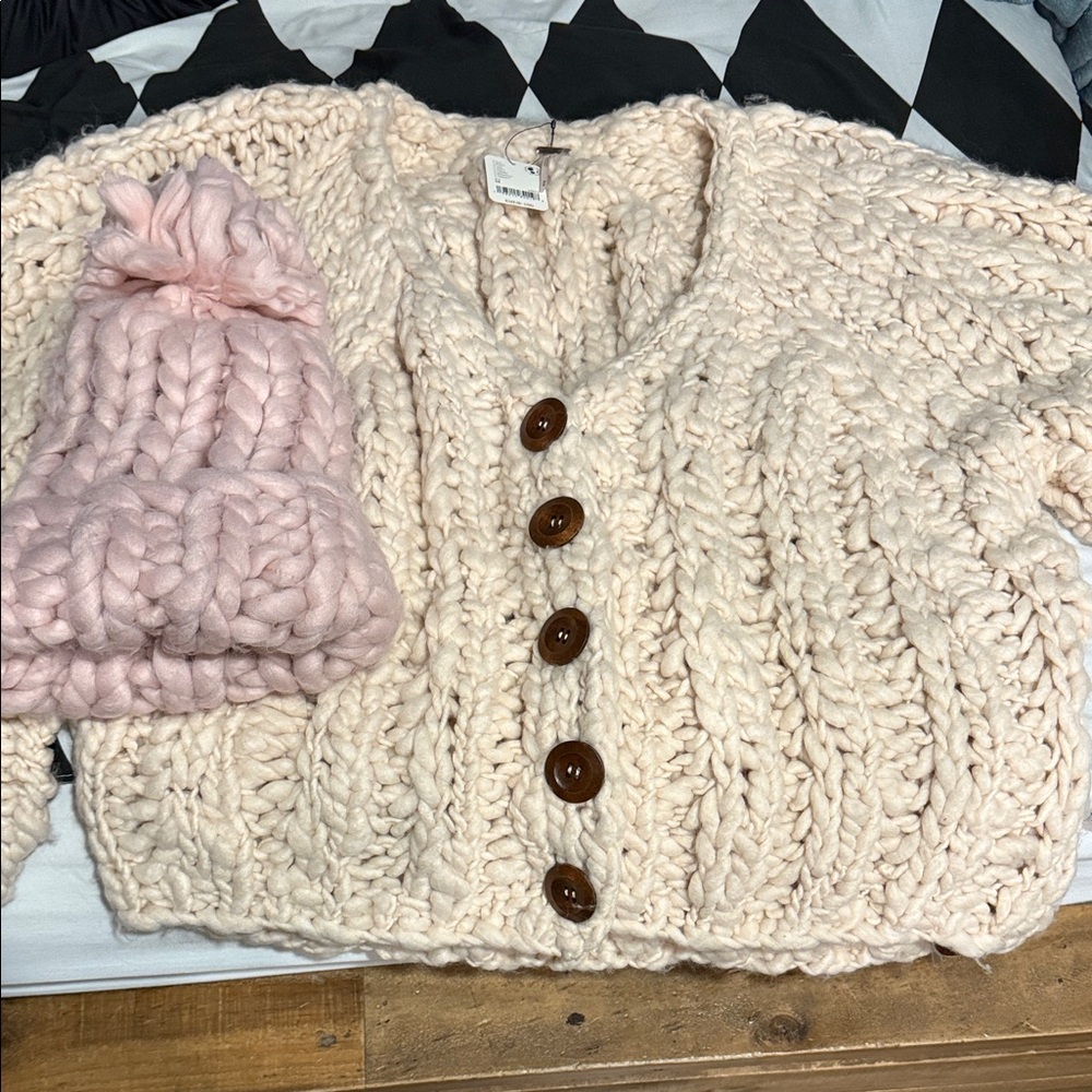 FP Movement by Free People Cream Knit Cardigan with Brown Buttons